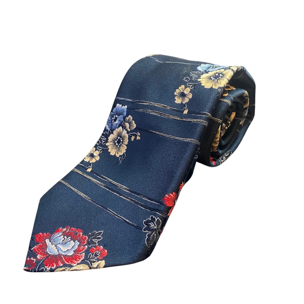 Mr John Beau Brummell Mens Necktie Floral Stripe Wide 4 Inch Navy Blue Vintage - Picture 1 of 4